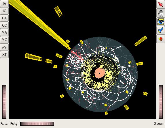 Event display for a simulated magnetic monopole candidate in the ATLAS experiment.