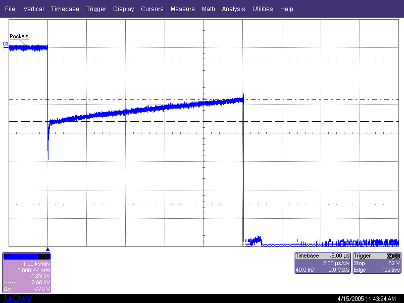 Scope screen capture showing slope during 10uS experiment window.