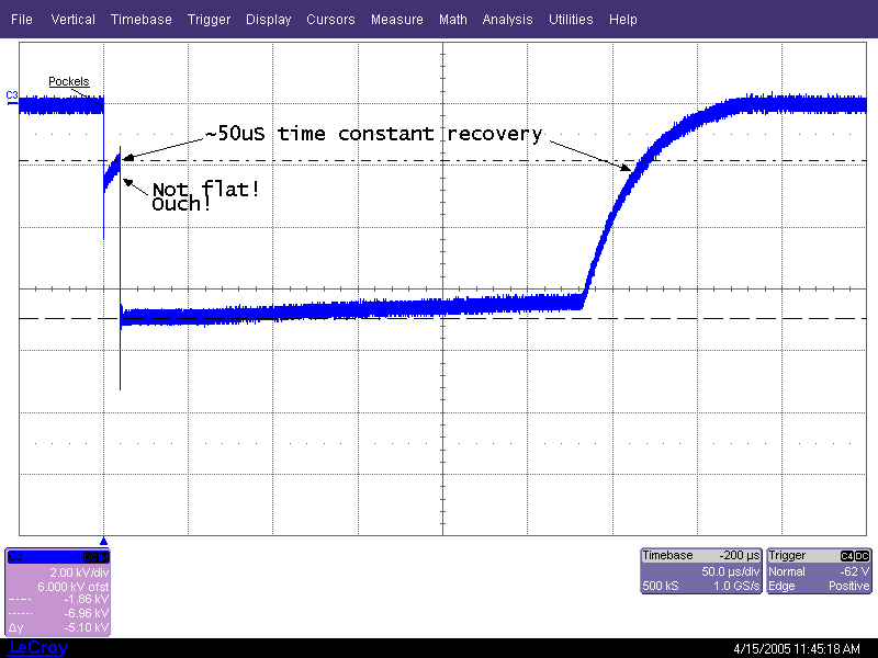 Scope screen capture showing 50uS time constant and effect during 10uS experiment window.